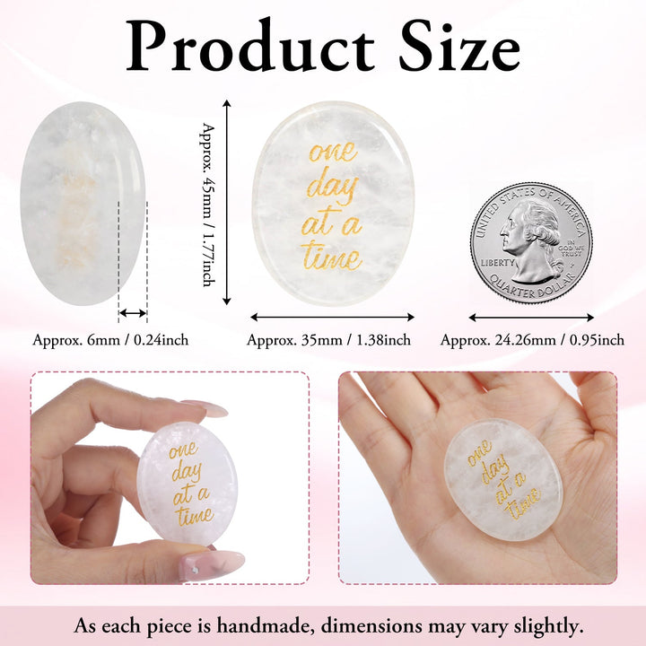 Pocket crystal stone size chart with oval stones showing "one day at a time"