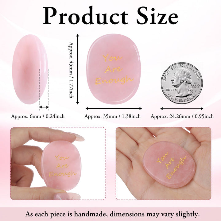 Pink oval pocket crystal stone with "You Are Enough" engraving, held in hand