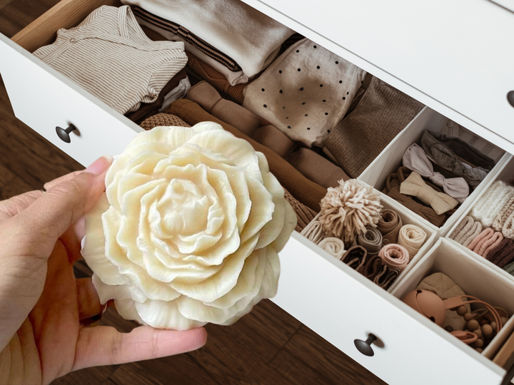Cream wax flower freshener held by hand in a white drawer