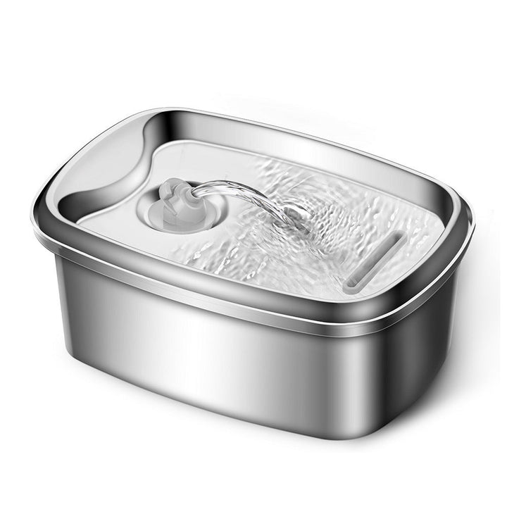 Stainless steel pet water dispenser with rectangular basin and central water outlet