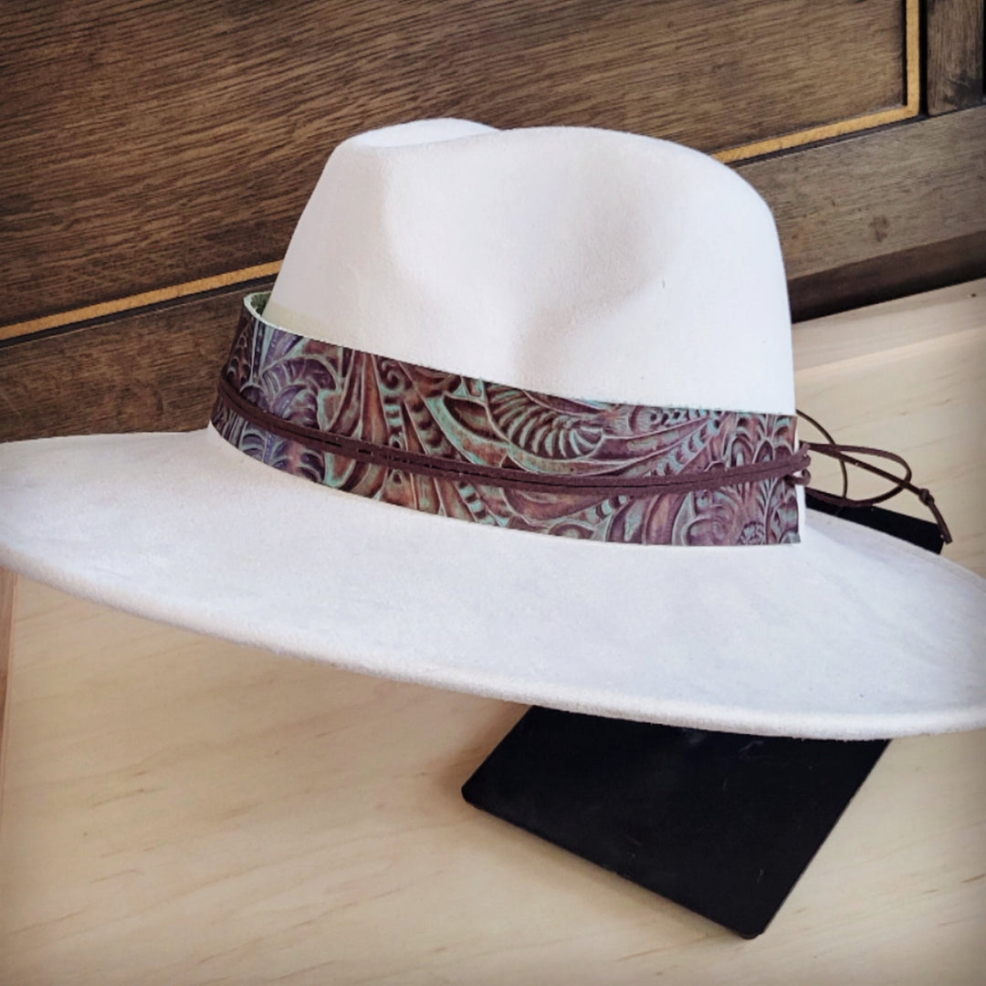 Wide genuine leather hat band with maroon, green, and blue leaf print plus laces