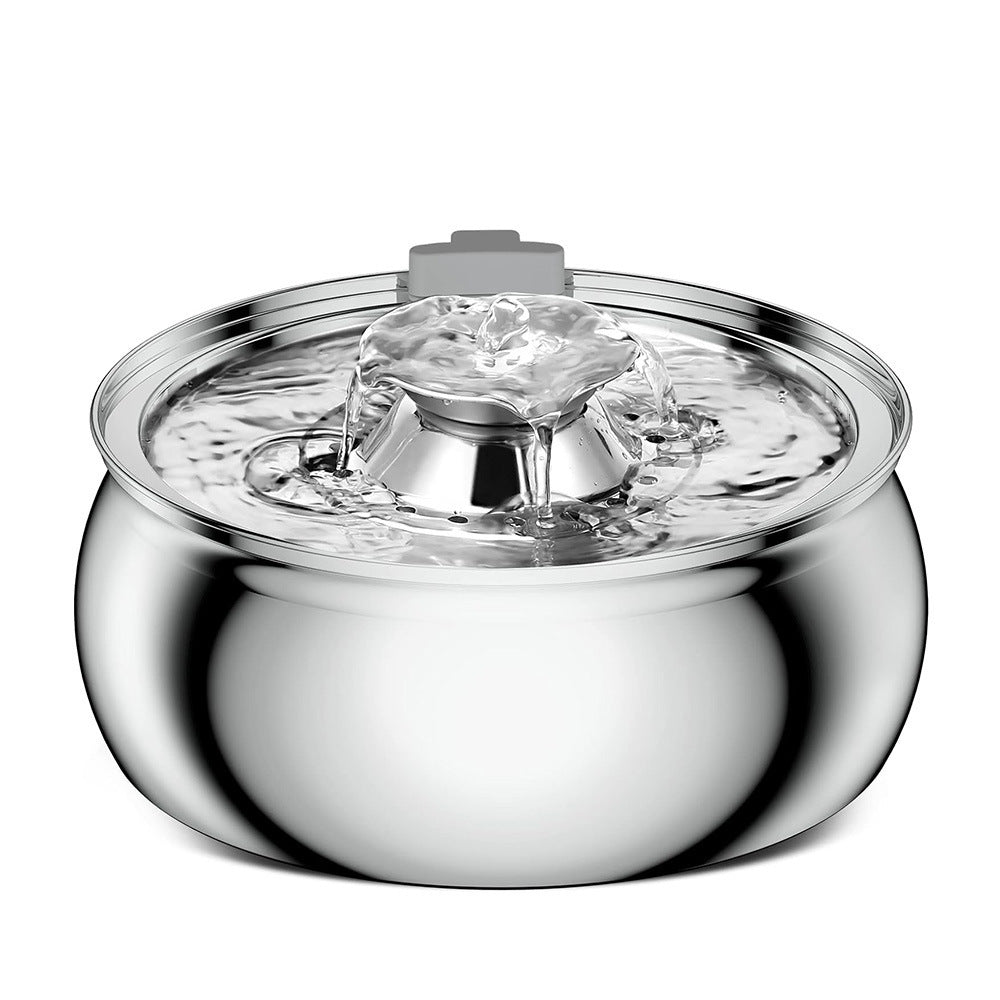 Stainless steel pet water dispenser with circular fountain top and central nozzle