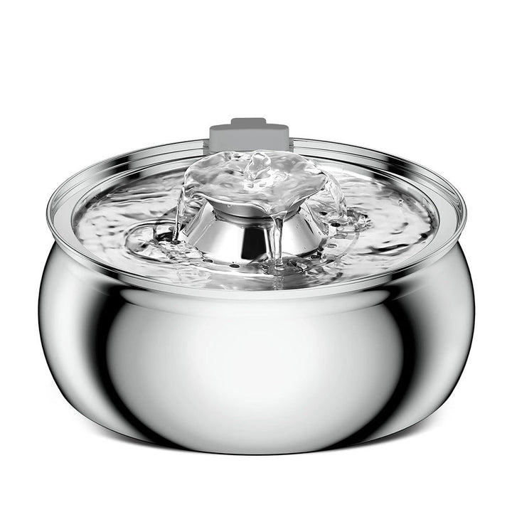 Stainless steel pet water dispenser with circular fountain top and central nozzle
