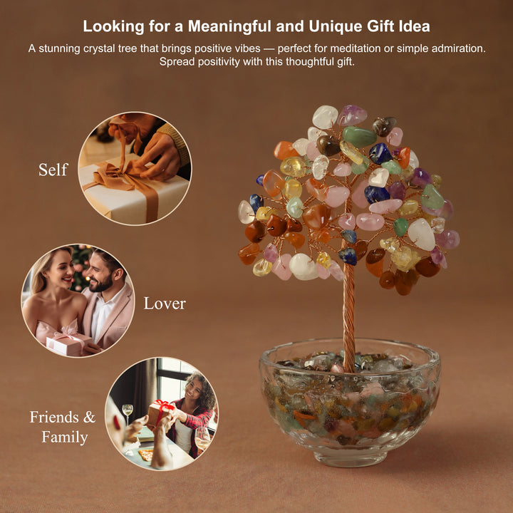 Colorful crystal tree ornament with gem-chip canopy in clear glass bowl