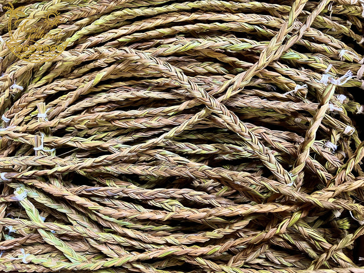 20-inch sweetgrass braid bundle close-up, twisted strands in tan, olive, and light green