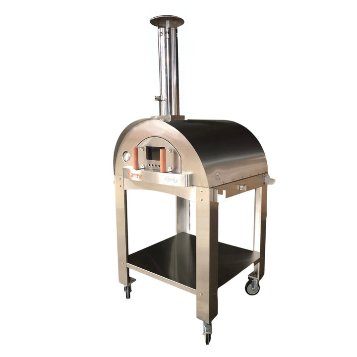Professional wood-fired oven with chimney, side view and open front shelf