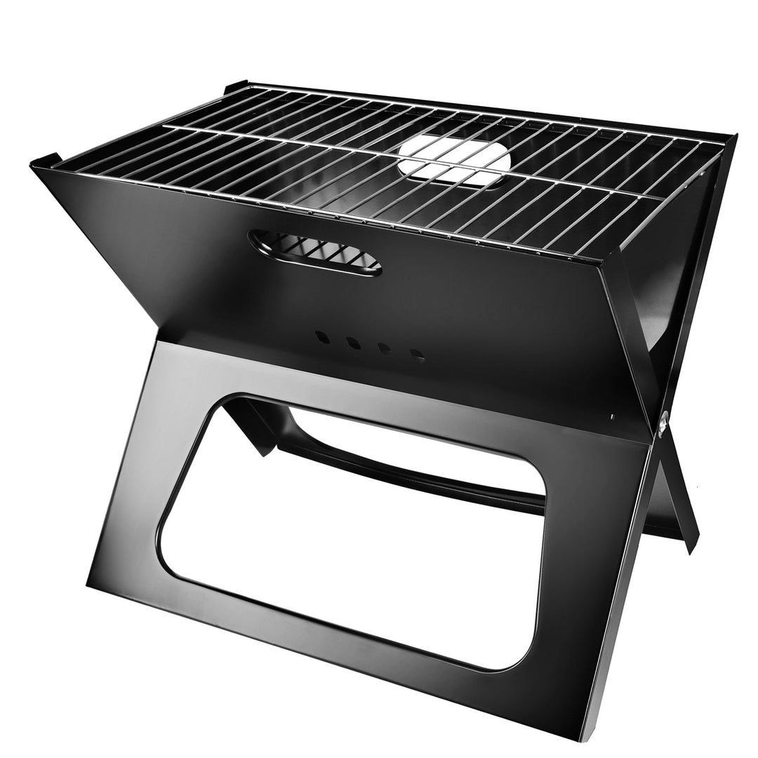 Foldable charcoal barbecue grill with wire cooking grate and side handles, black