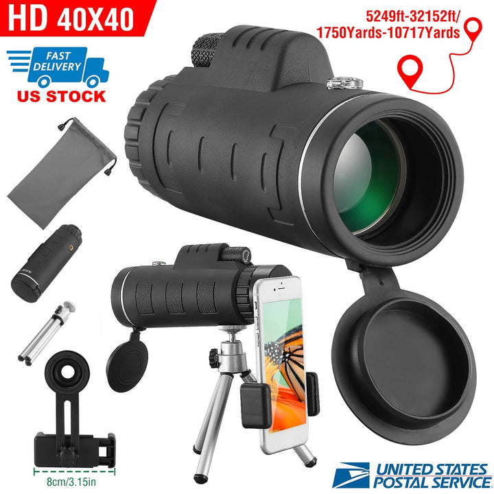 Black 40x40 monocular telescope kit with phone mount, tripod, and lens cap