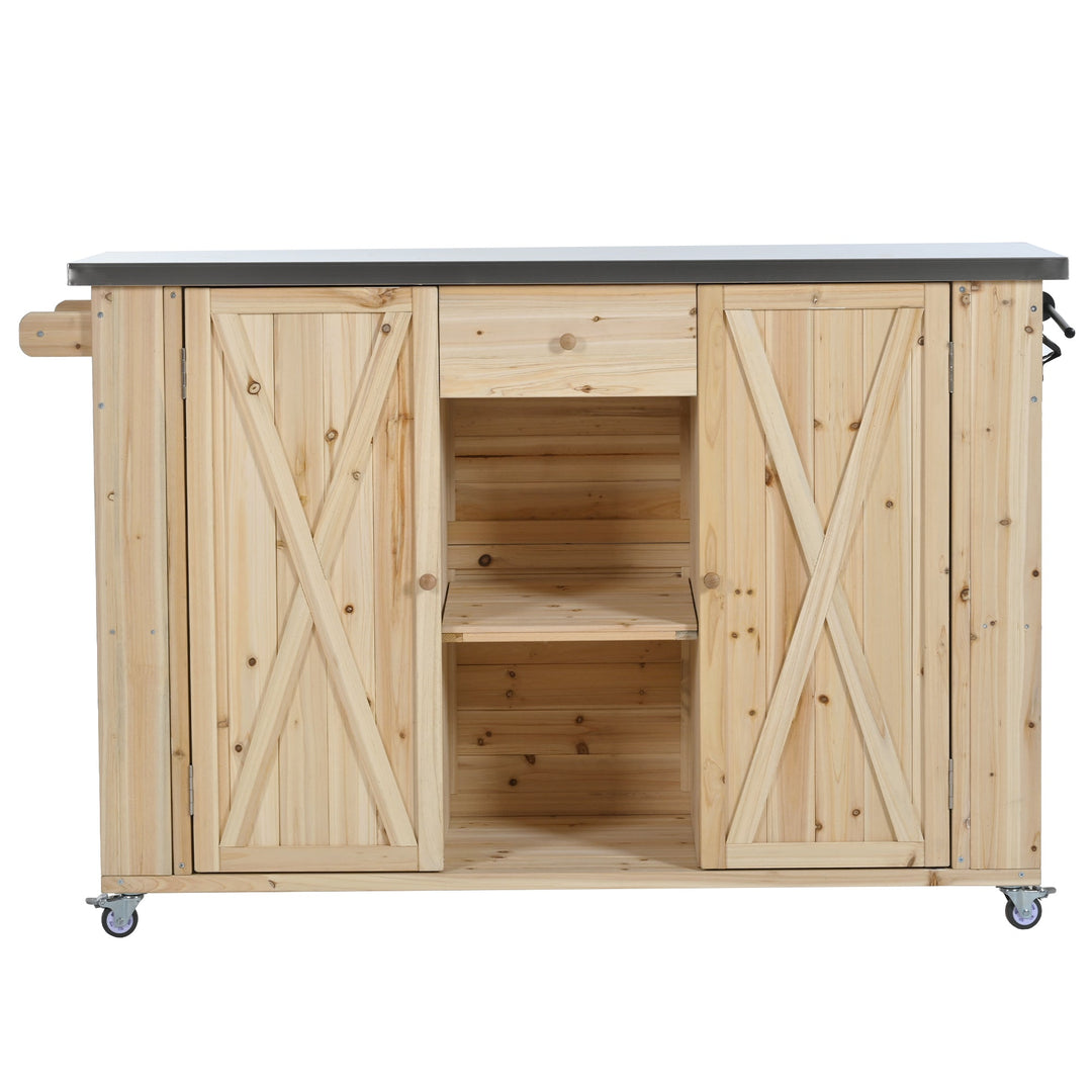 Fir Wood Kitchen Island with Stainless Steel Top