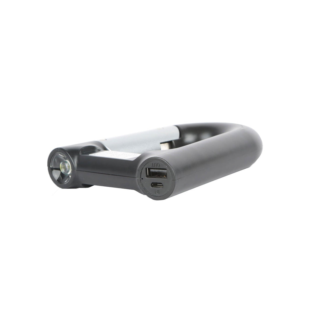 Carabiner power bank side view with LED flashlight lens and USB port