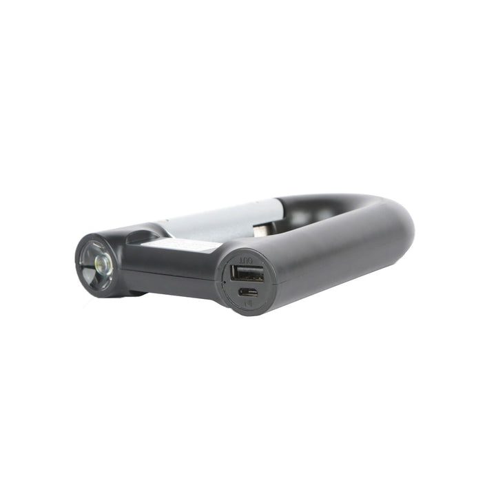Carabiner power bank side view with LED flashlight lens and USB port