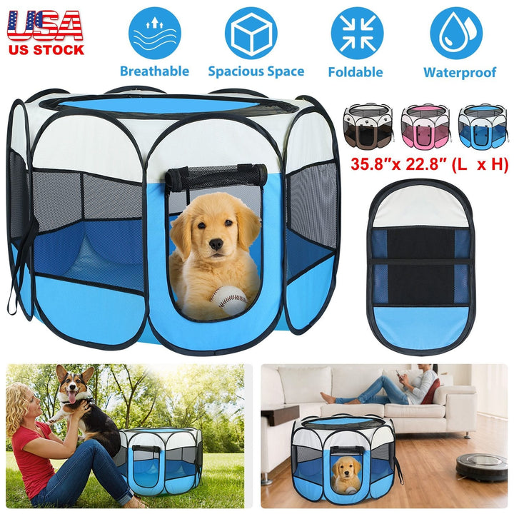 Blue and white foldable pet tent kennel with zip entrance and side mesh panels