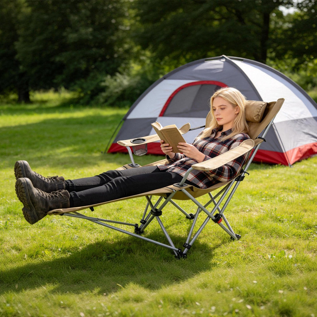 Reclining Camping Chair with Footrest 4-Position Adjustable Outdoor Folding Chair Heavy Duty Portable Camping Lounge Chair with Headrest Cup Holder &