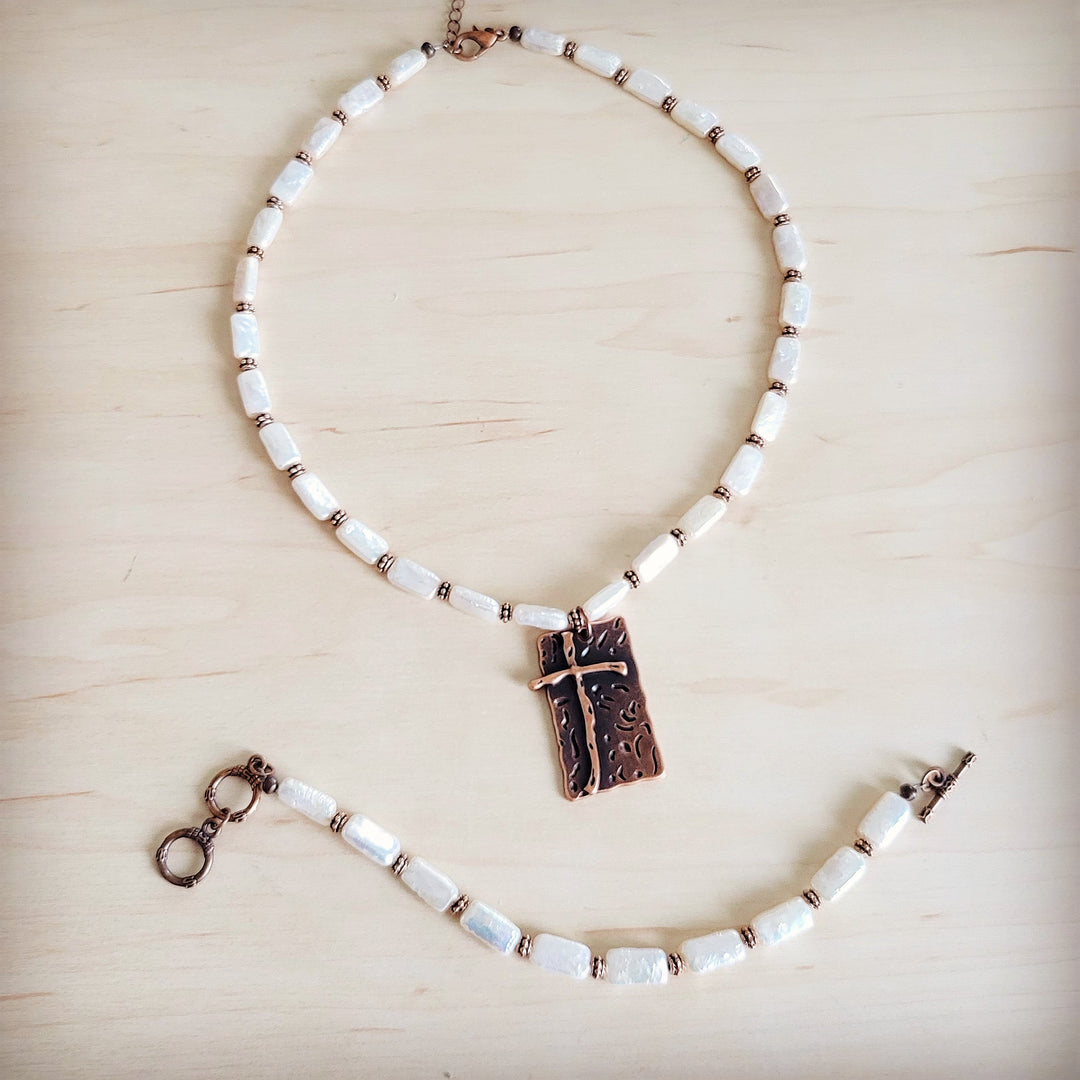 Freshwater pearl rectangle bracelet with copper-tone charm pendant and toggle closure