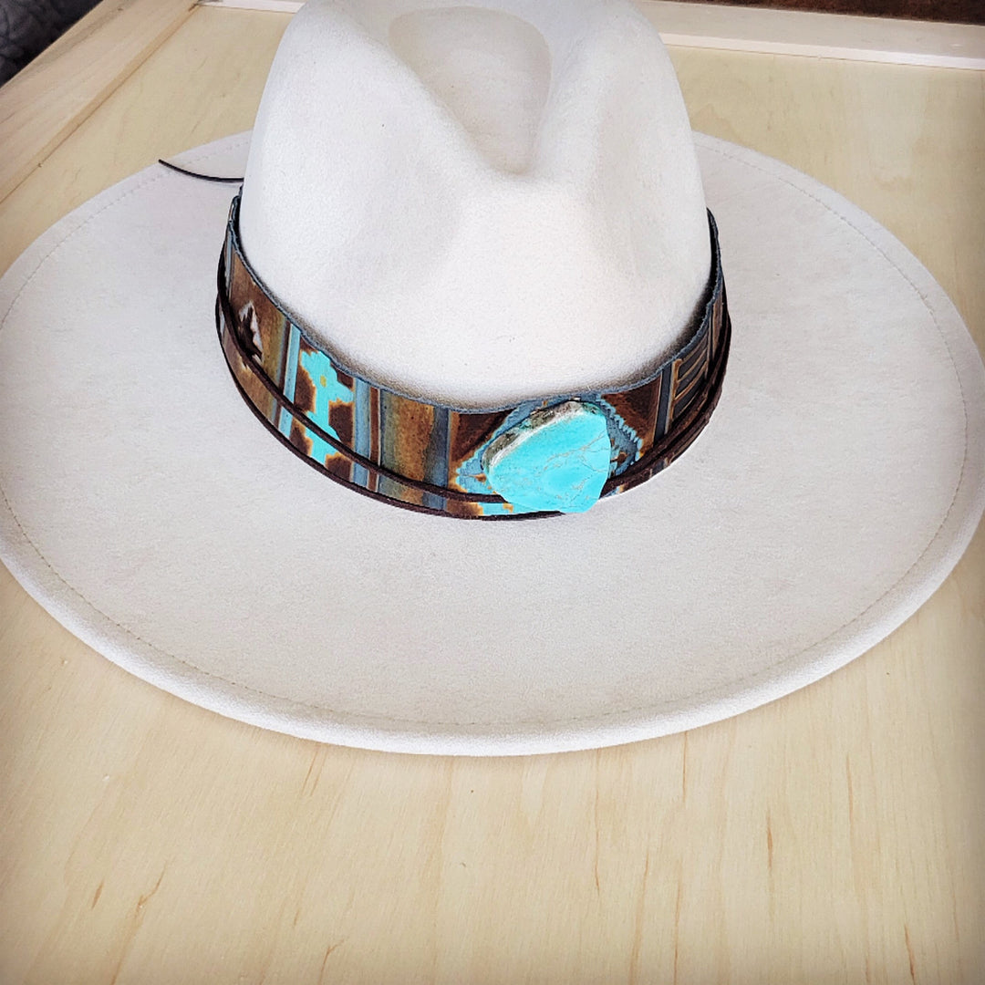 White felt wide-brim hat with wide leather band and turquoise stone center