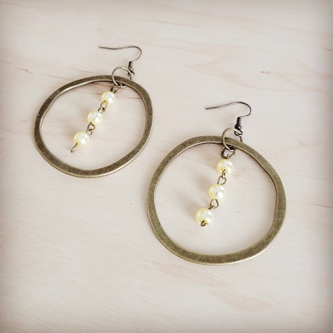 Antique copper hoop earrings with small pearl drops and champagne pearl bead strands