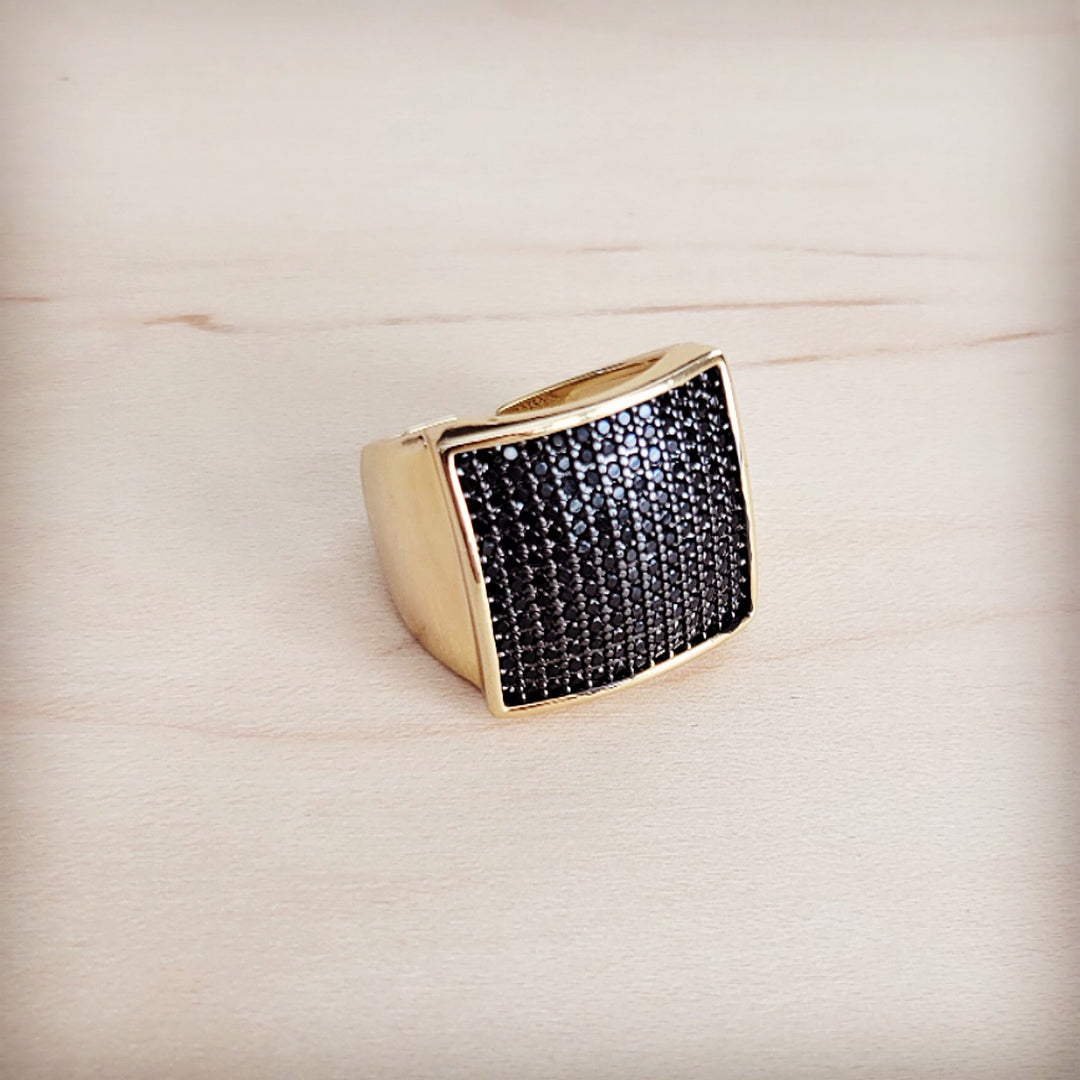Gold-tone square statement ring with black glitter inlay