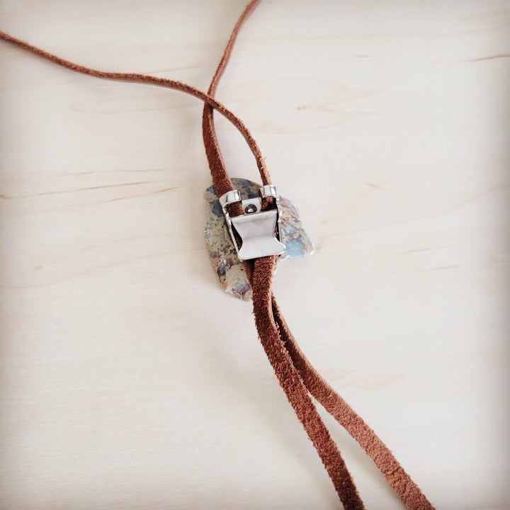 Leather lariat necklace with blue aqua stone slab accent and silver clasp detail
