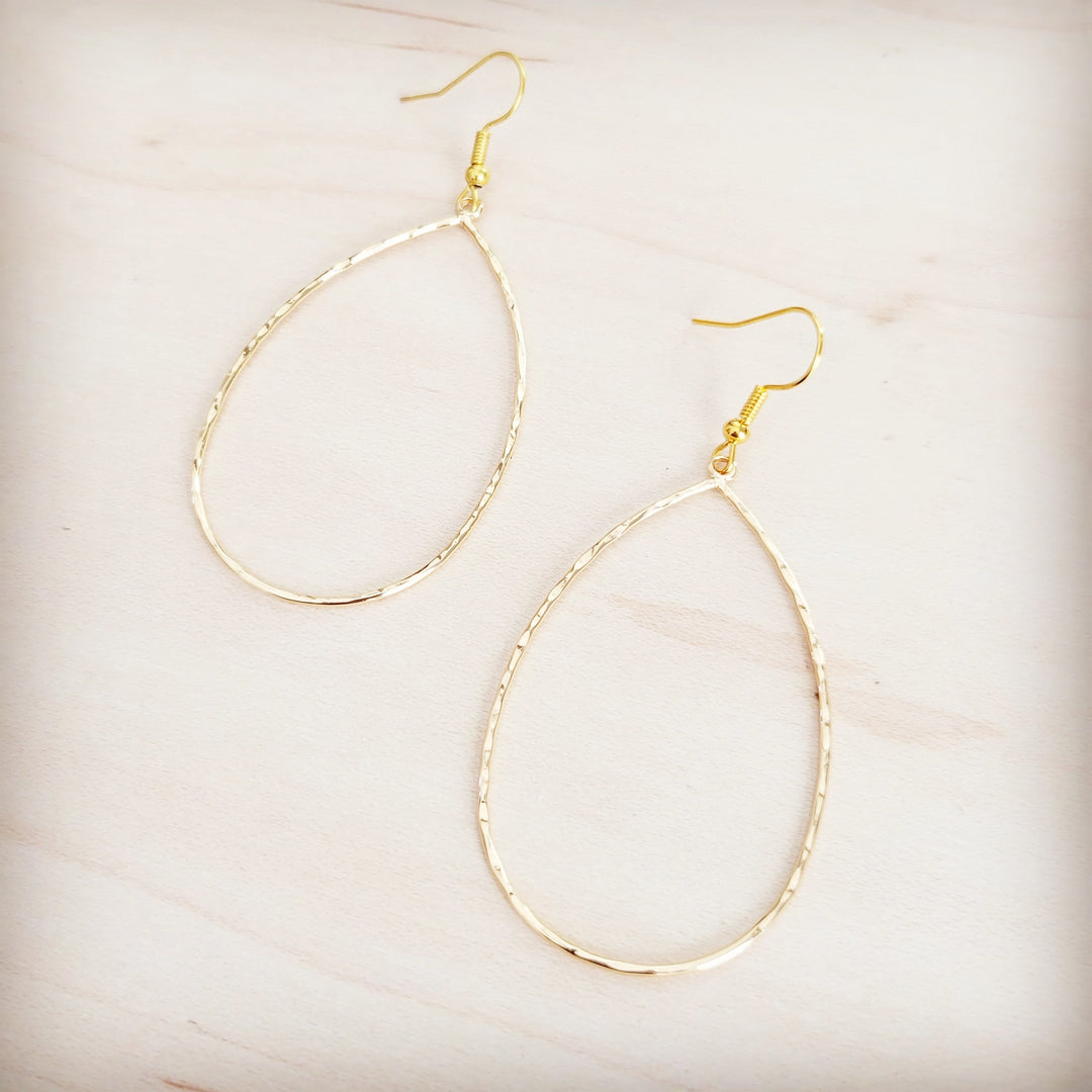 Hammered gold teardrop oval hoop earrings with fishhook backs
