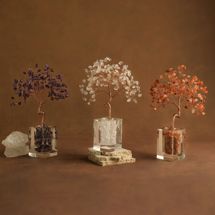Three crystal bead tree decorations with clear cube bases in different gem colors