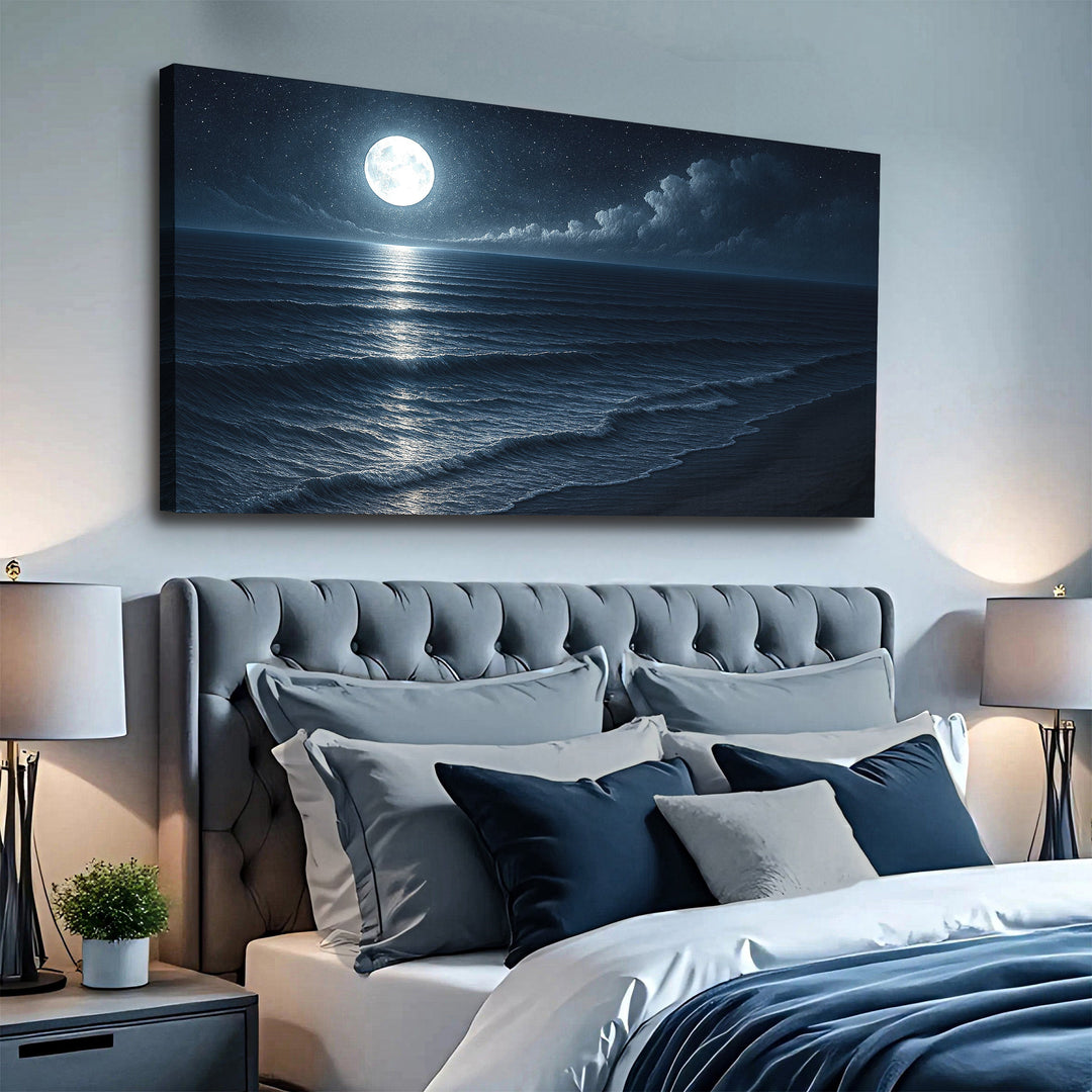 Moonlit ocean landscape canvas with waves and full moon, dark blue tones