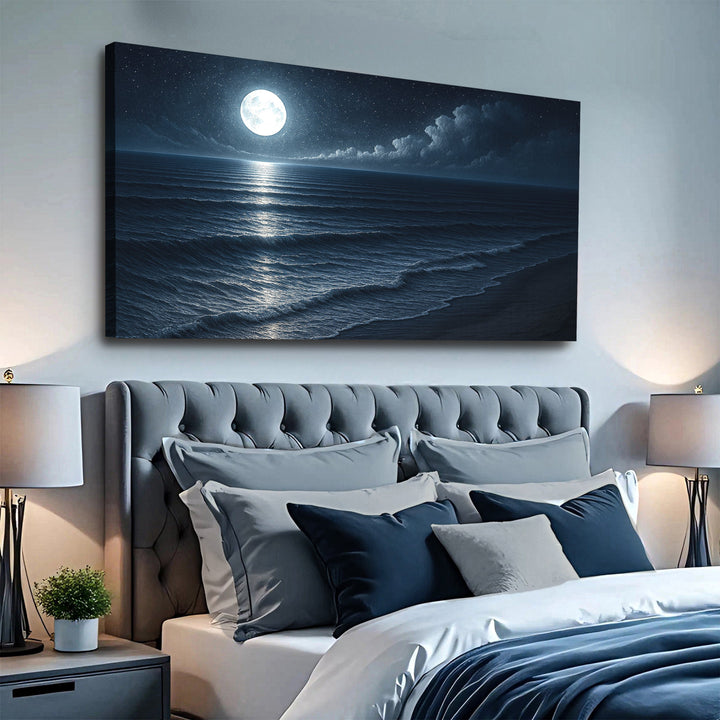 Moonlit ocean landscape canvas with waves and full moon, dark blue tones