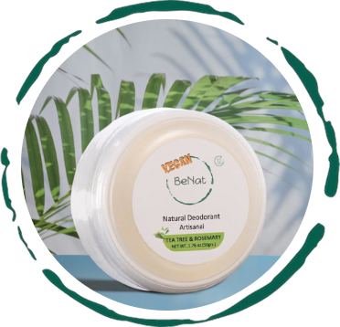 Vegan natural deodorant cream jar with BeNat label, Tea Tree & Rosemary scent