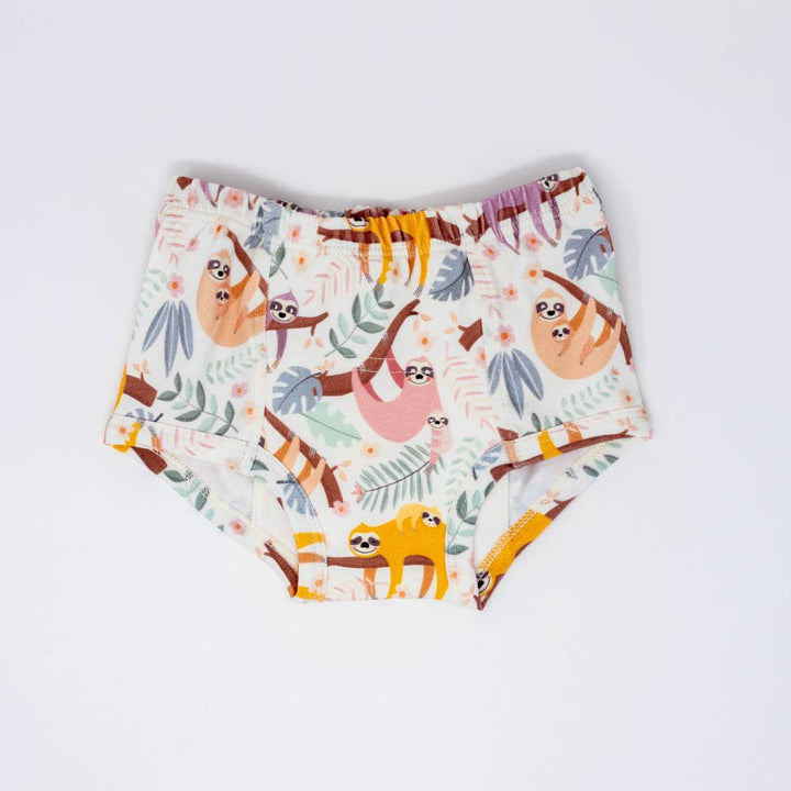 Cream training underpants with colorful sloth and jungle animal print, elastic waist