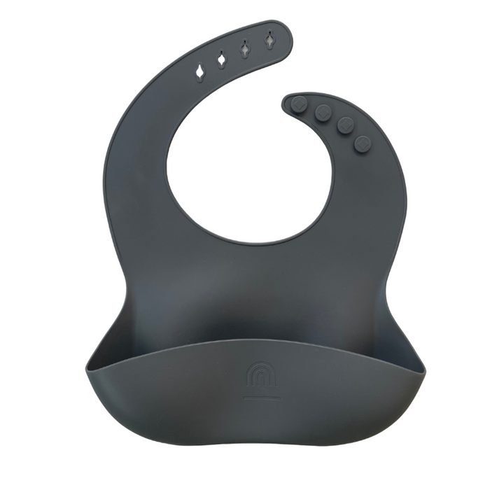 Charcoal silicone bucket bib with snap buttons and front pocket