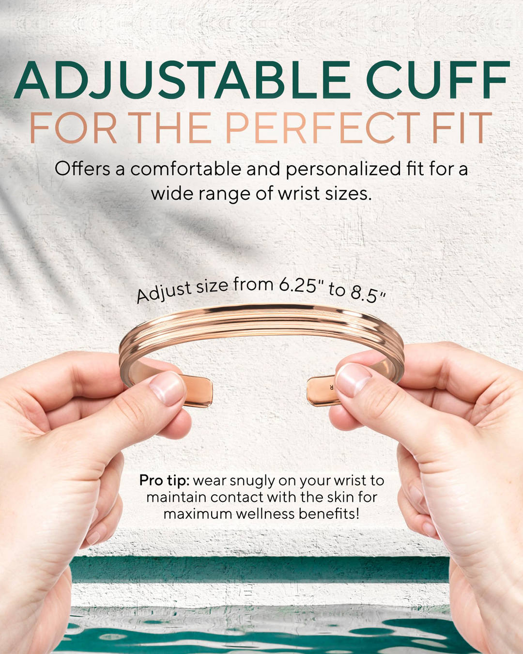 Adjustable copper cuff bracelet with open circular band and stacked tiers