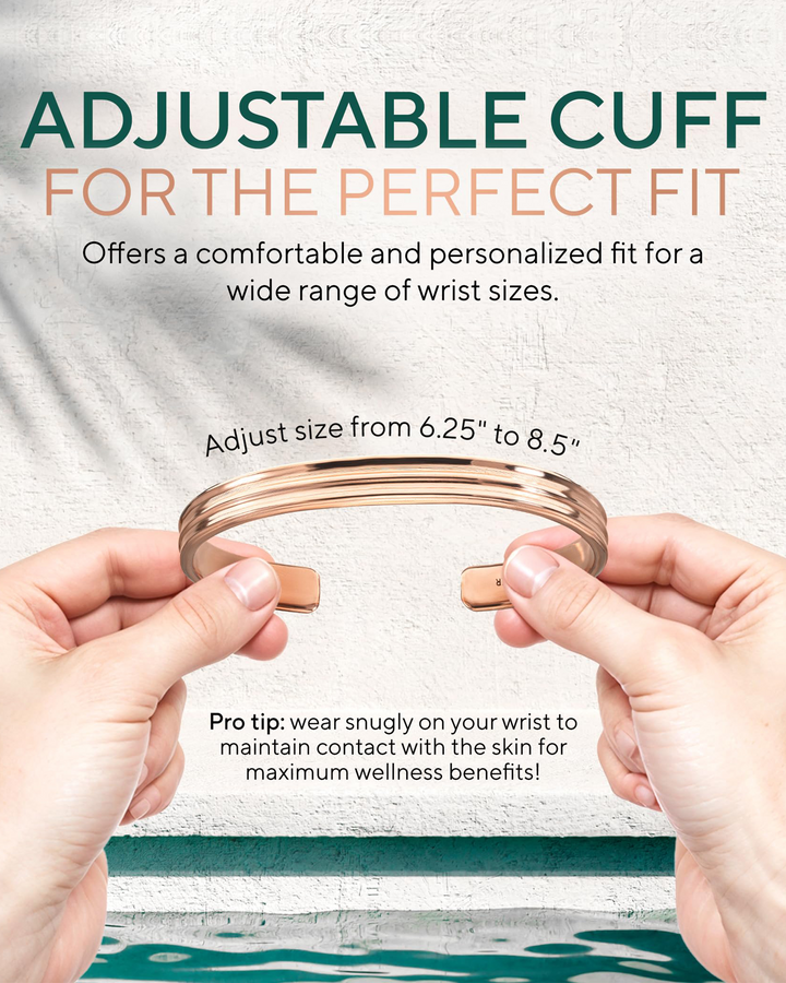 Adjustable copper cuff bracelet with open circular band and stacked tiers