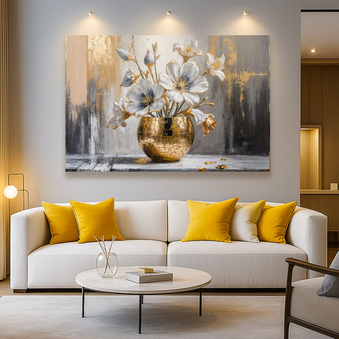 Abstract magnolia wall canvas showing blue flowers in a textured gold vase