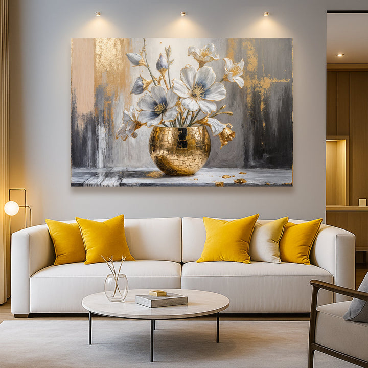 Abstract magnolia wall canvas showing blue flowers in a textured gold vase