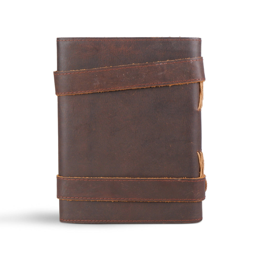 Dark brown leather journal with horizontal stitched bands