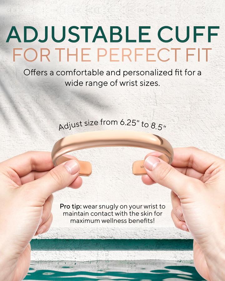 Adjustable copper cuff bracelet being fitted, smooth open band