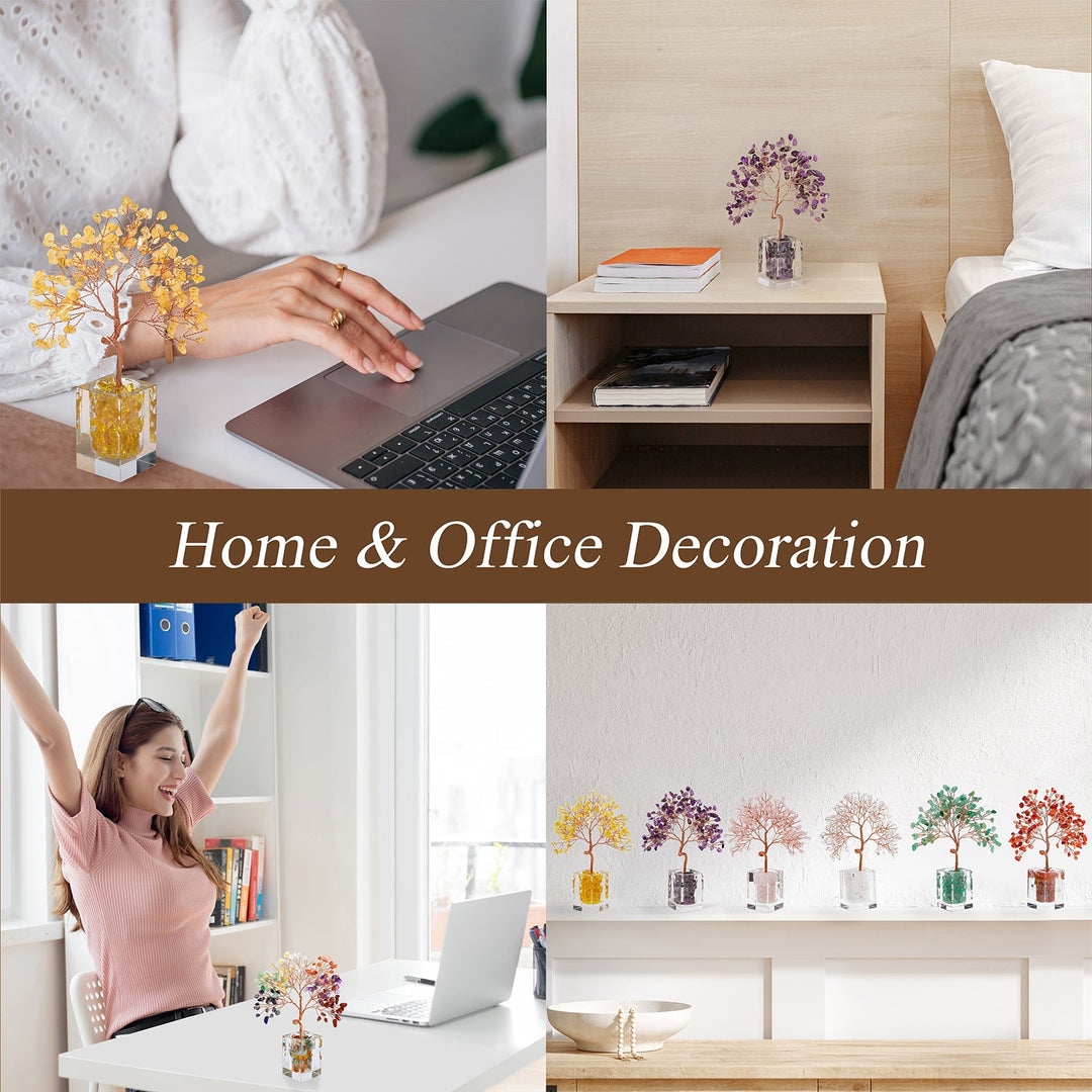 Crystal bead tree decoration on a bedside table with clear cube base