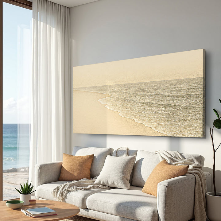 Framed beach shoreline canvas print showing sandy beach and distant ocean horizon.