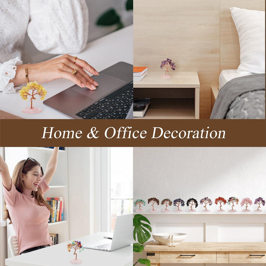 Mini crystal tree desk decor shown in home and office settings with assorted gemstone colors