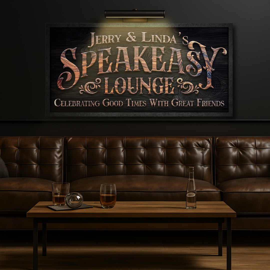 Speakeasy lounge wall sign above dark leather booth seating with a low center table.