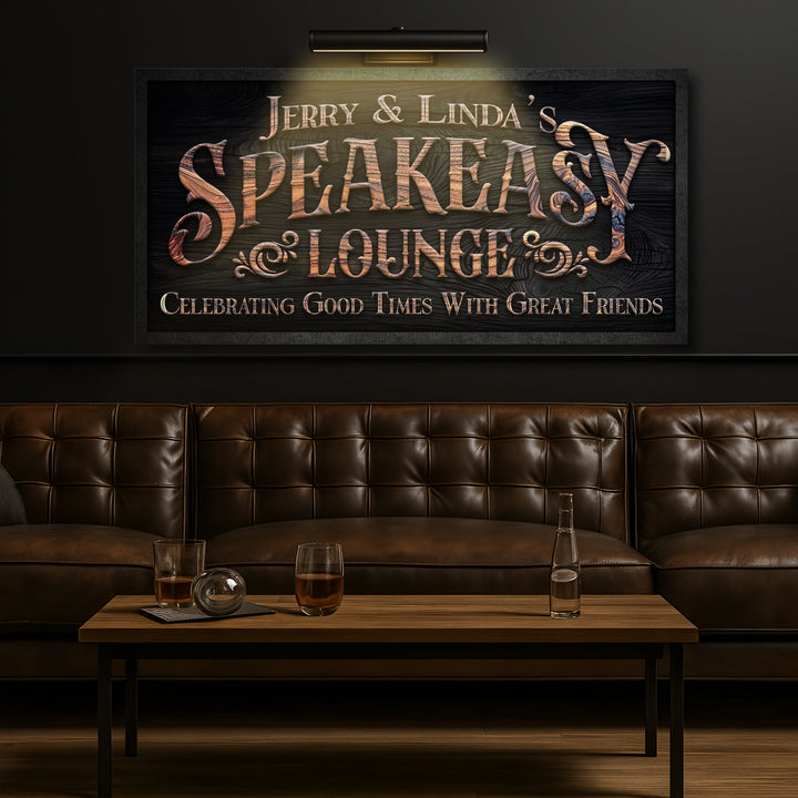 Speakeasy lounge wall sign above dark leather booth seating with a low center table.