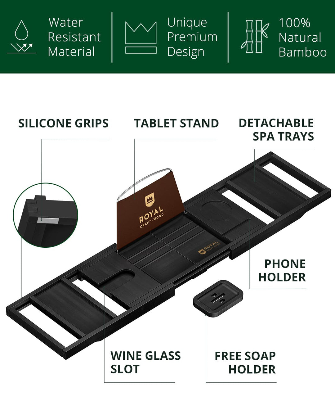 Foldable Bathtub Caddy Tray, Black