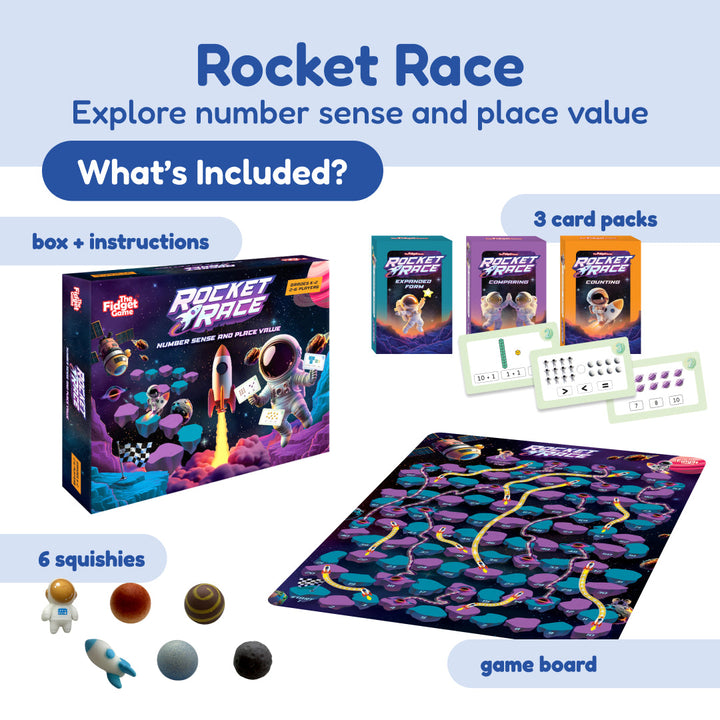 Rocket Race game set with board, card packs, and instruction items for number sense