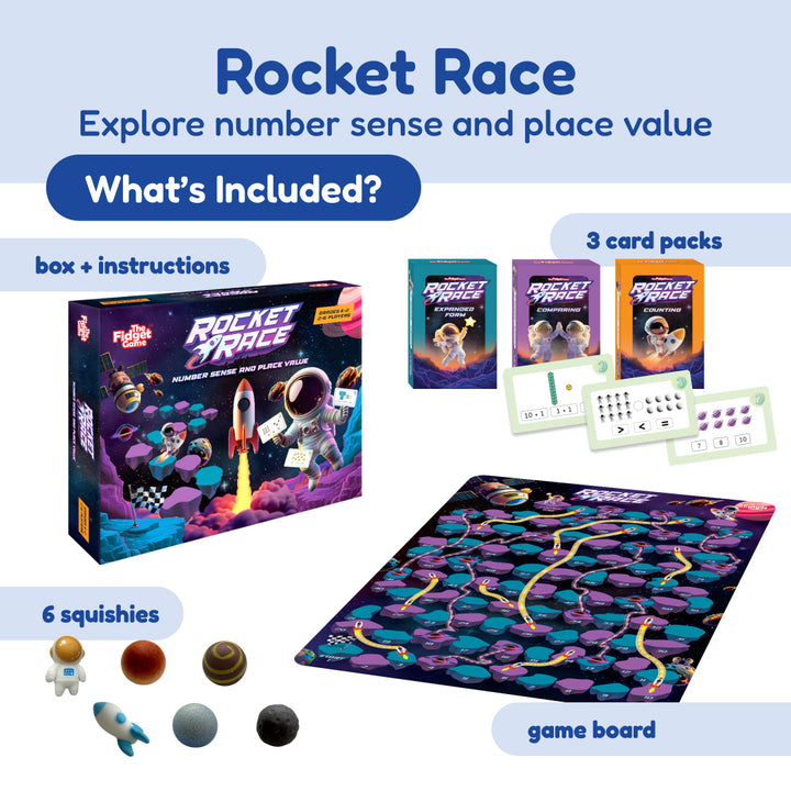 Rocket Race learning kit with board game mat, card packs, and small squishy pieces