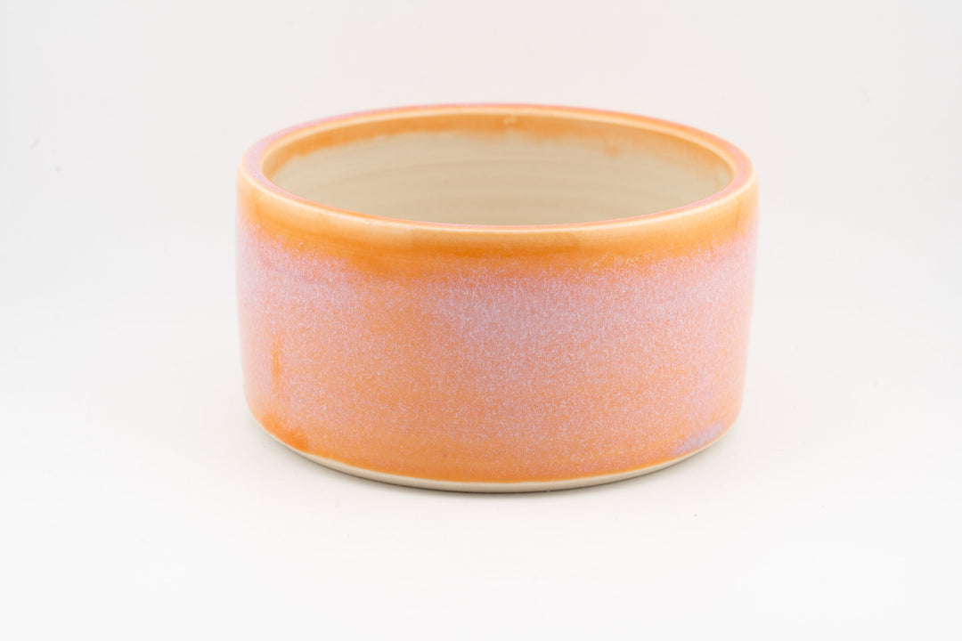Ceramic dog bowl with orange speckled glaze, rounded rim and shallow interior