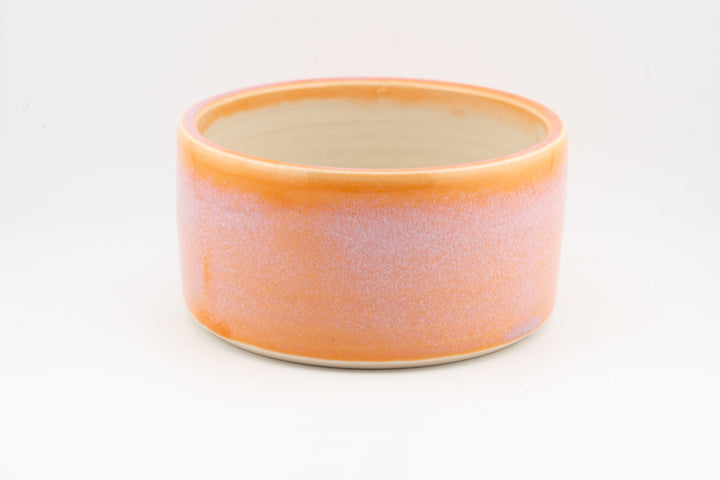 Ceramic dog bowl with orange speckled glaze, rounded rim and shallow interior