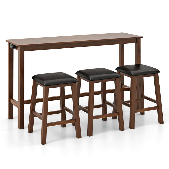 Brown counter-height bar table with three black padded bar stools, squared legs