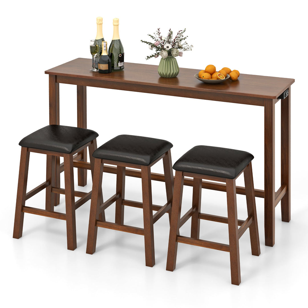 Brown bar table with three black padded stools, sturdy wood frames