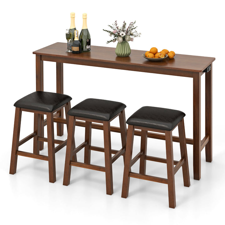 Brown bar table with three black padded stools, sturdy wood frames