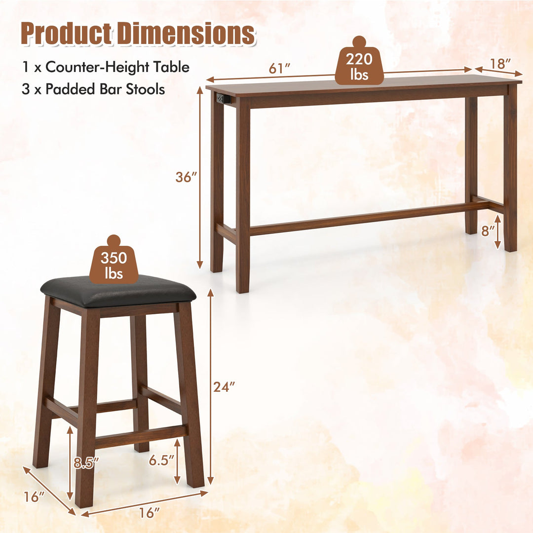 Counter-height table and three bar stools with product size diagram