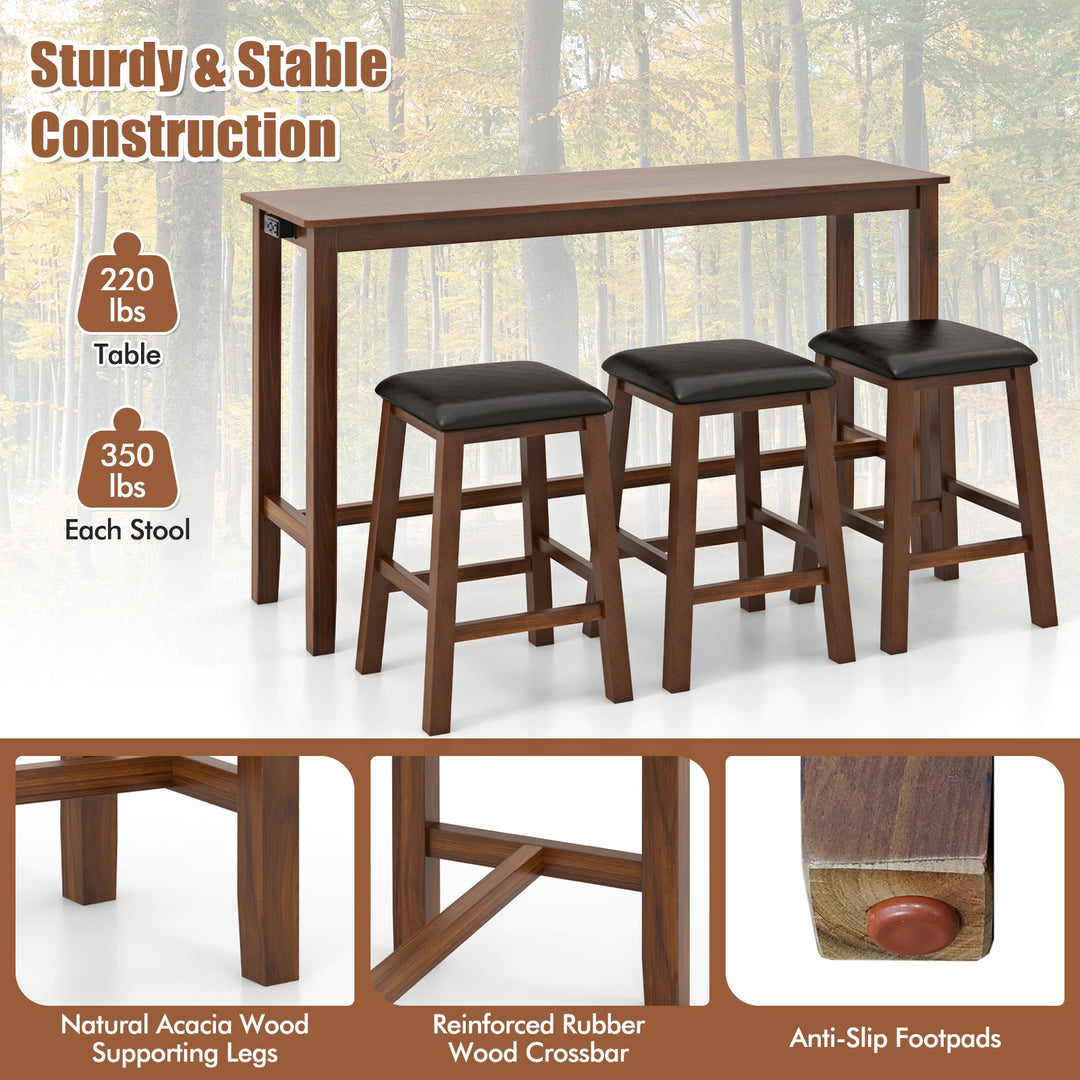 Brown counter-height bar table with three black padded stools, reinforced legs